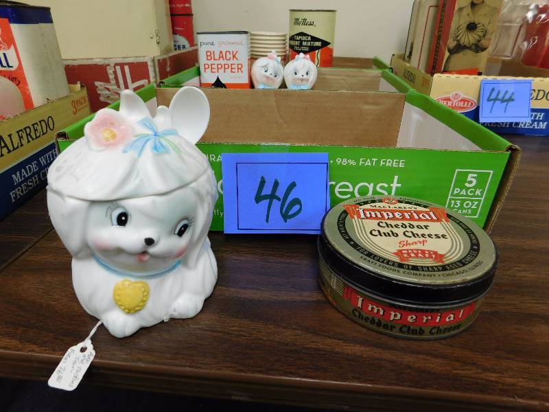 lot 46 image: LEFTON CHINA Mr. TOODLES COVERED COOKIE JAR SOOO CUTE and coffee tin
