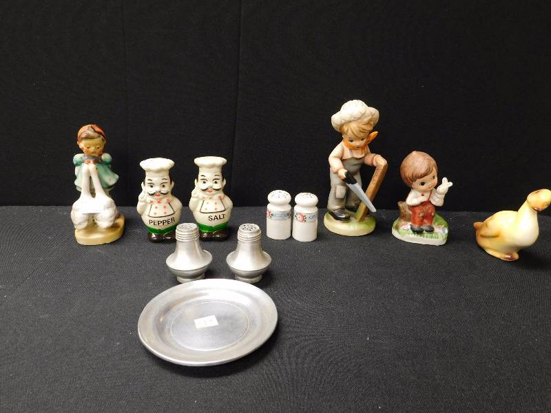 lot 52 image: vintage figurines, pewter plate & S&P shakers