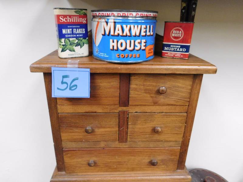 lot 56 image: Vintage coffee & spice tins & tabletop cabinet