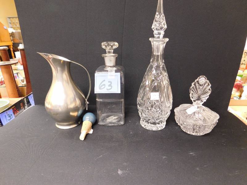lot 63 image: vintage cut glass decanters & Dutch Pewter pitcher