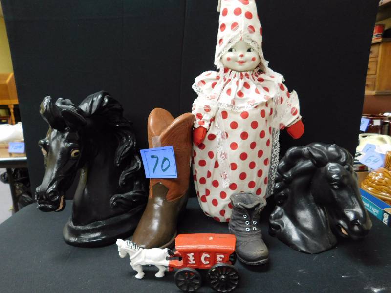 lot 70 image: vintage ceramic figurines, metal bank, horse head & more