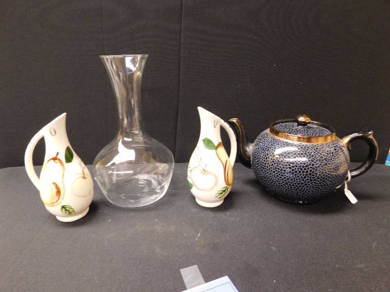 lot 77 image: vintage glass decanter, tea pot & more