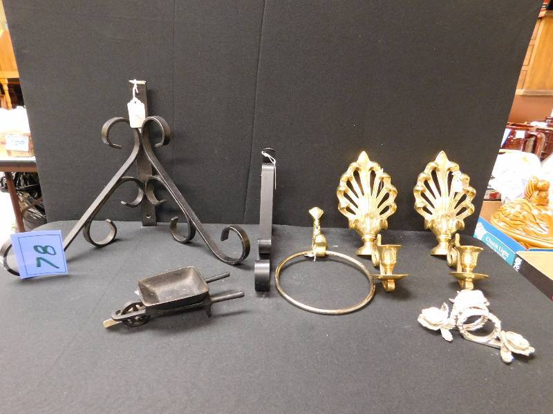 lot 78 image: vintage metal brackets, candle holder & more