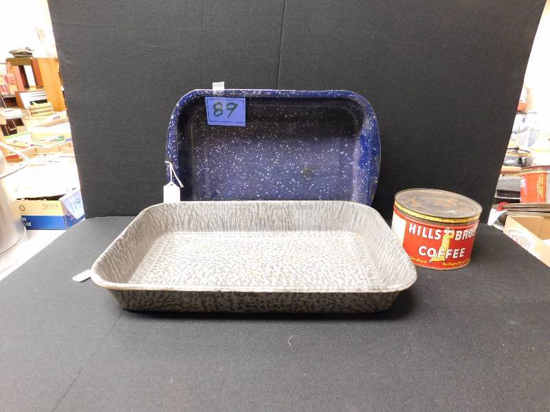 lot 89 image: vintage enamelware pans & coffee tin