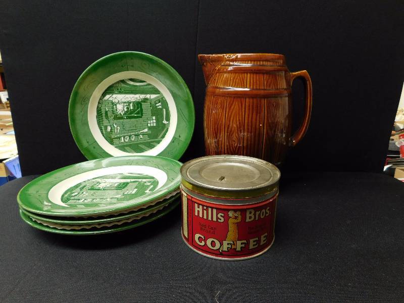 lot 90 image: vintage plates, pitcher & tin