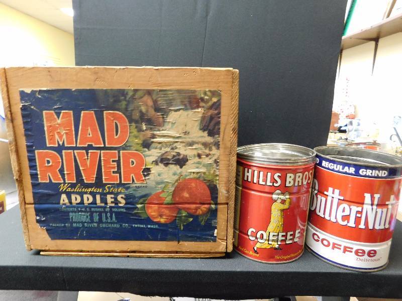 lot 93 image: Vintage wooden fruit crate & coffee tins