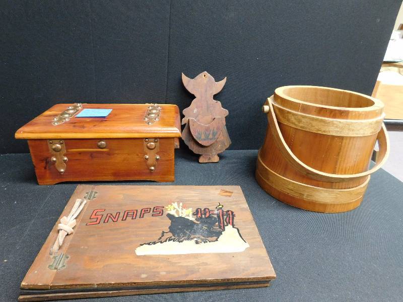 lot 107 image: vintage wood chest, small wood pail, photo album