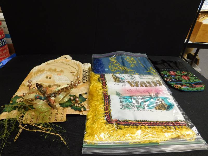 lot 114 image: vintage silk pillow covers, beaded hand bag, 1941 calendar