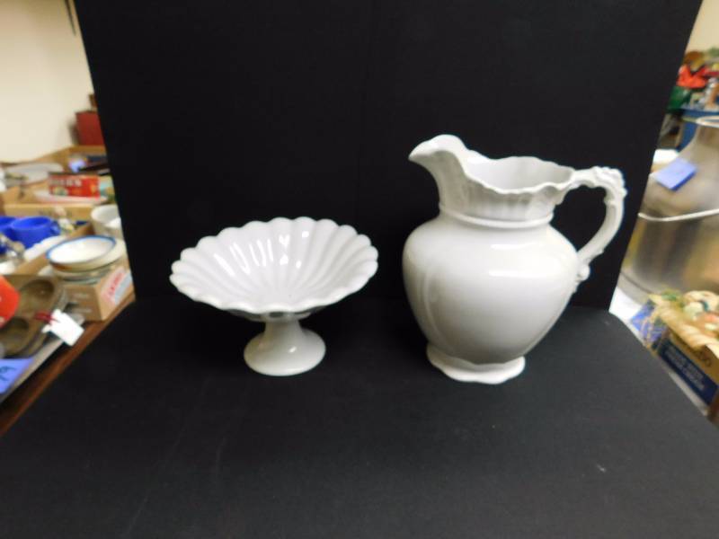 lot 123 image: Royal Ironstone china small pitcher and candy dish white