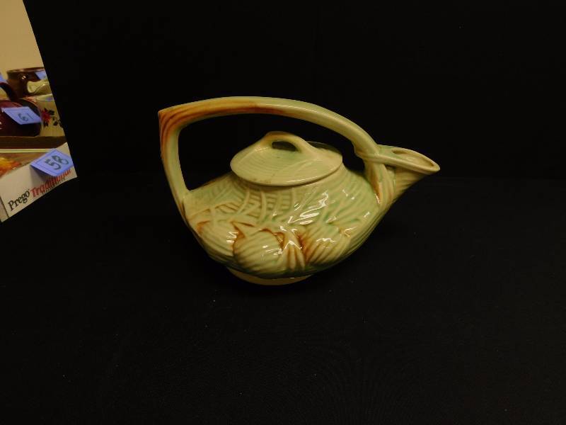 lot 139 image: Vintage 1946 McCoy pottery pine cone teapot Green and brown glazed finish  see photos