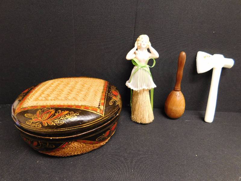 lot 140 image: vintage decorative items, sewing basket, sock darner tool and more