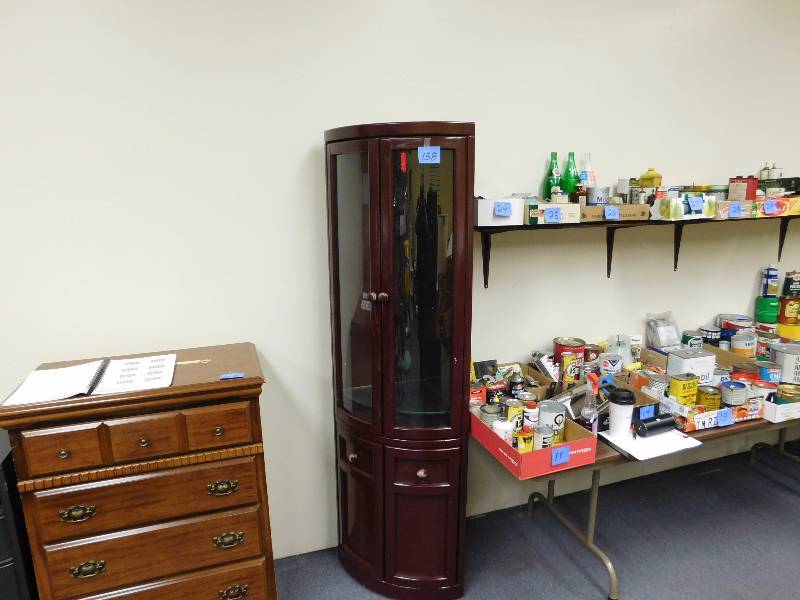 lot 158 image: corner unit with curved glass doors and glass shelves