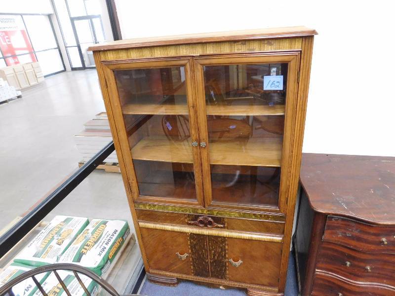 lot 162 image: vintage Armoire for bedroom with glass doors and wood shelves