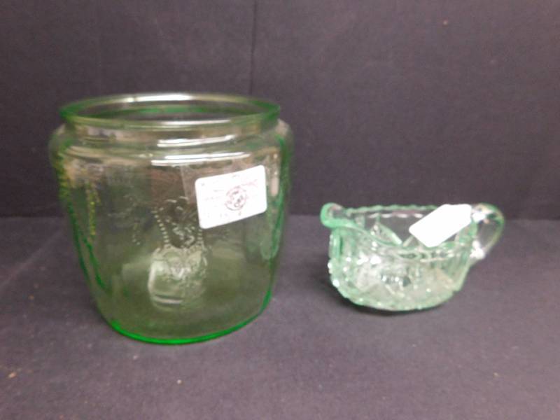 lot 196 image: green depression glass biscuit jar creamer