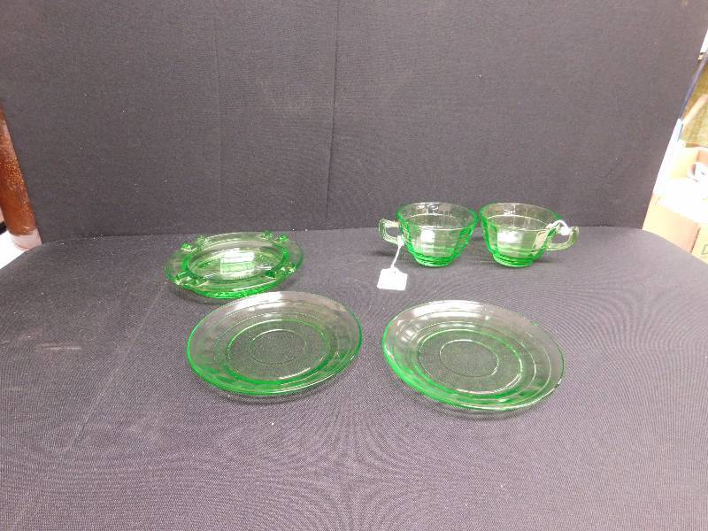 lot 197 image: green depression glass ashtray built in match book holder, 2 cups and saucers