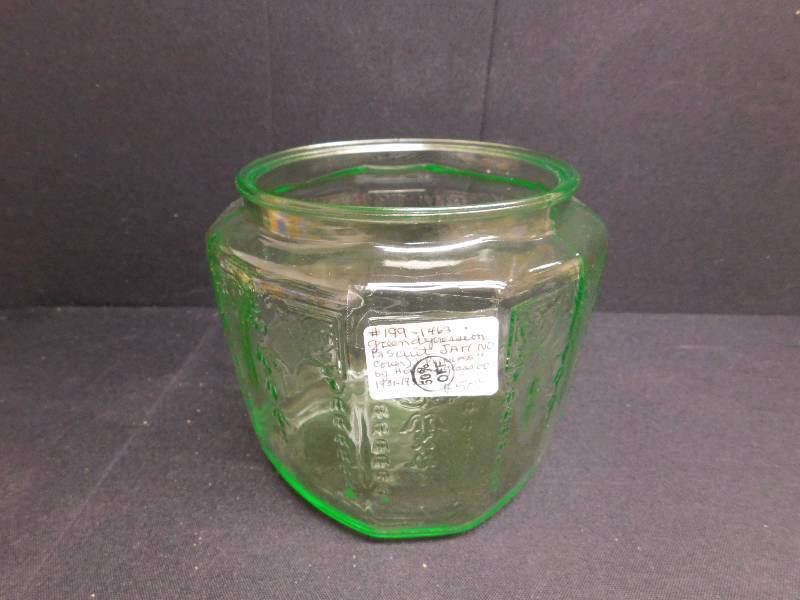lot 198 image: green depression glass biscuit jar 1931-1935 Princess