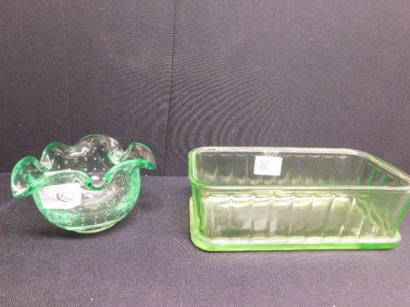 lot 200 image: green depression glass blown bubble bowl 9x 4 refrigerator container