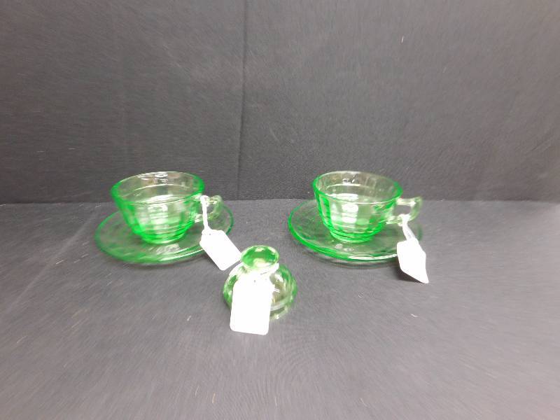 lot 202 image: green depression glass 2 cups and saucers, top to tea or coffee percolator