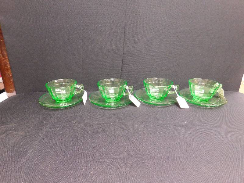lot 203 image: green depression glass (4) cups and saucers