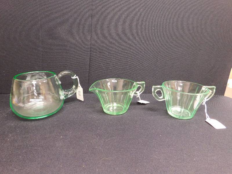 lot 204 image: green depression glass hand blown lead crystal large cup, cream and sugar