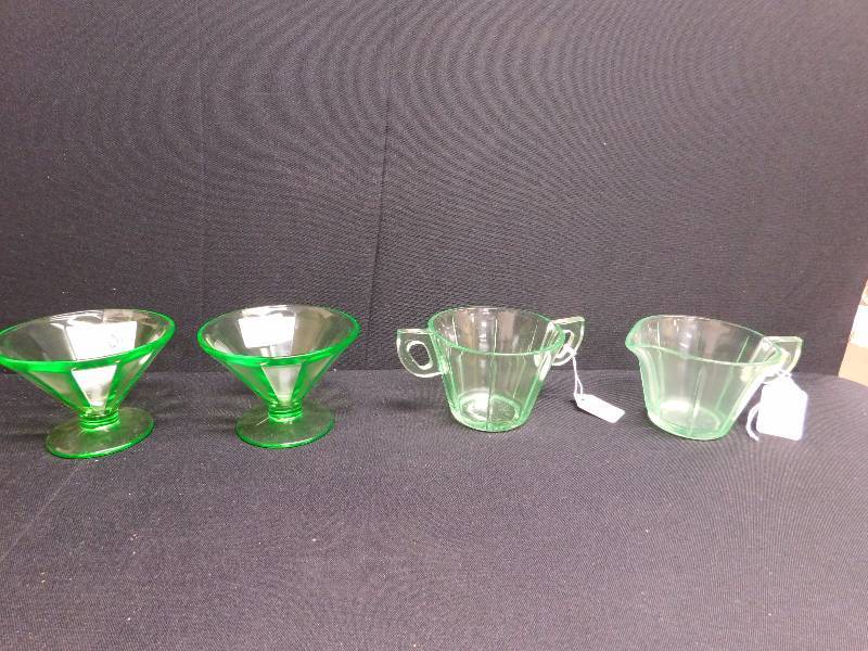 lot 205 image: green depression glass 2-sherbet cup Federal glass, creamer and sugar