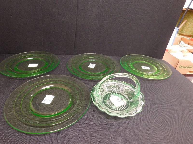 lot 206 image: green depression glass 4 plates and serving basket