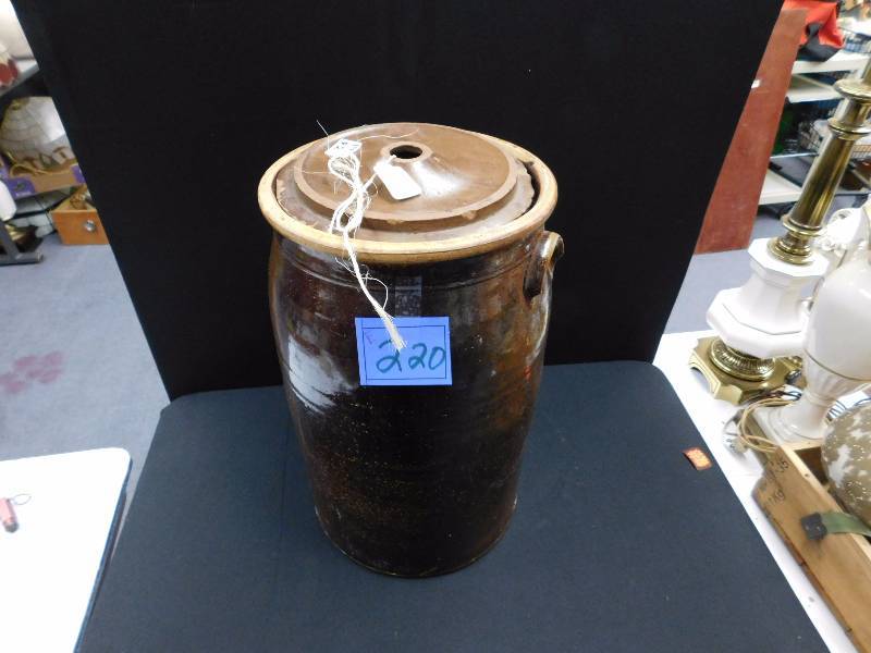 Brown glazed 6 gallon crockery butter churn with lid