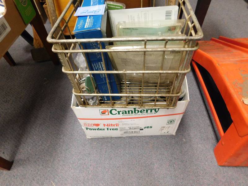 lot 228 image: large lot of misc hardware and vintage iron milk crate