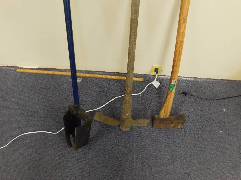lot 230 image: yard tools post hole digger, pick axe and axe