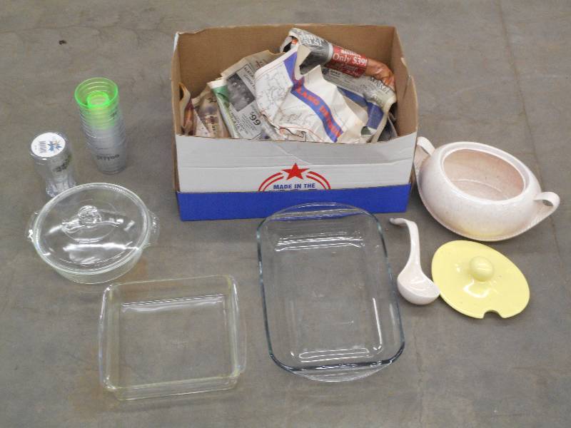 Box Of Misc Glass Cookware, Cups, L...