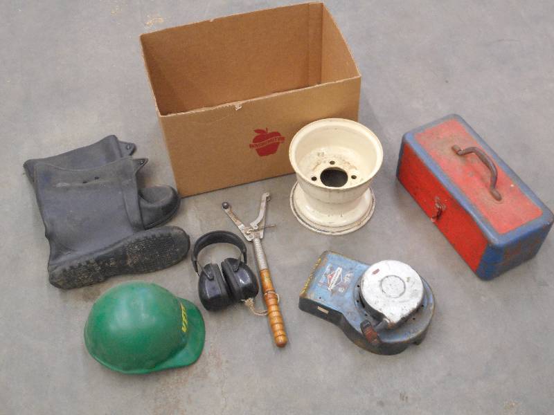 Box Of Misc Rubber Boots, Toolbox, ...