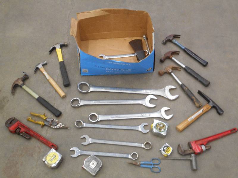 Box Lot Of Tools Hammers, Pipe Wre...