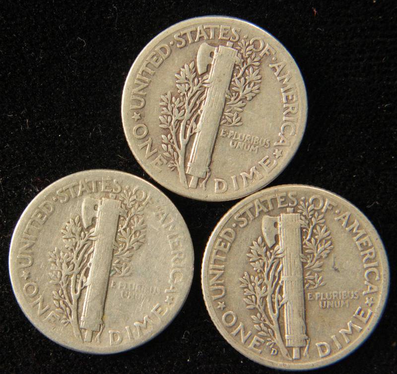 GROUP OF 3 SILVER MERCURY DIMES F-VF