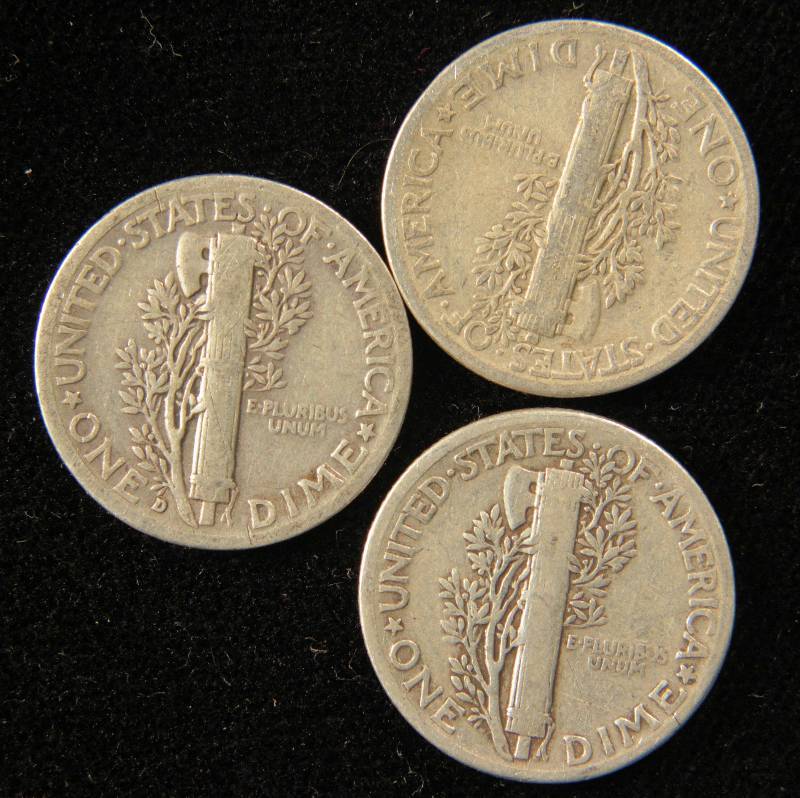 GROUP OF 3 SILVER MERCURY DIMES F-VF
