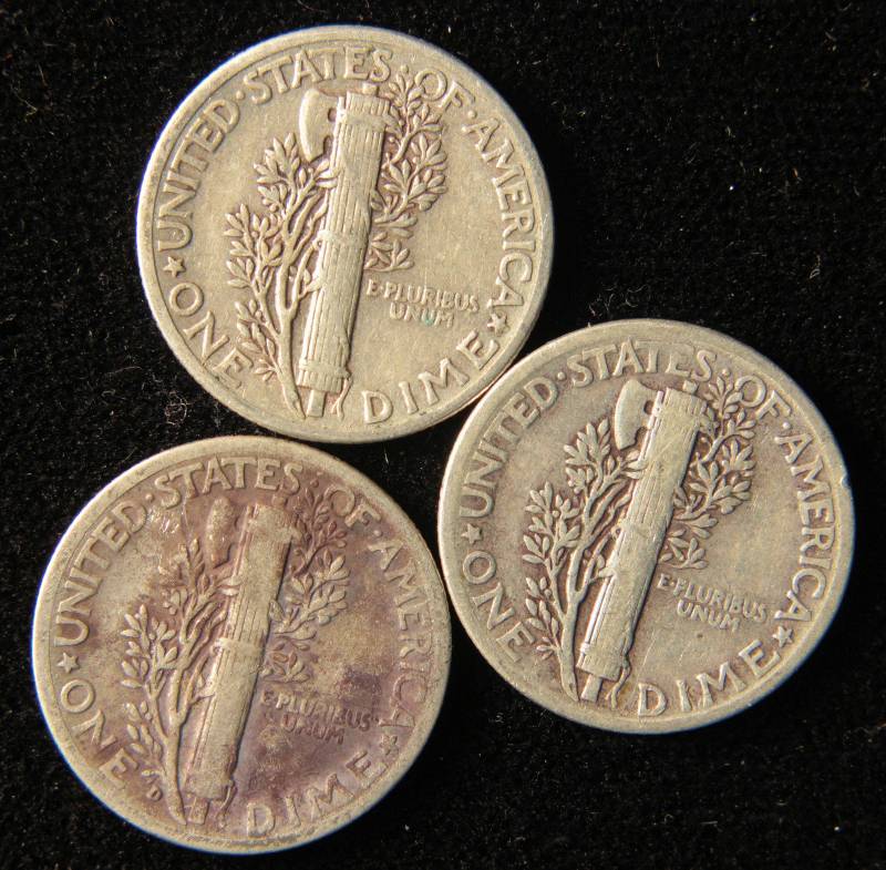 GROUP OF 3 SILVER MERCURY DIMES F-VF