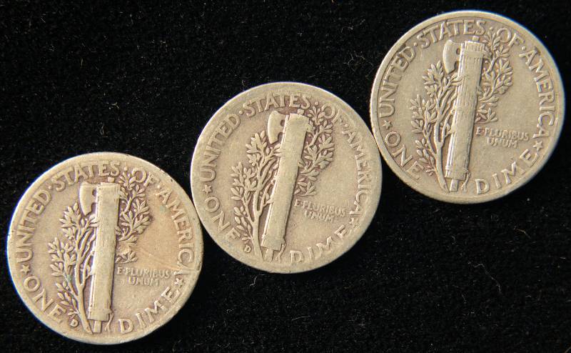 GROUP OF 3 SILVER MERCURY DIMES F-VF