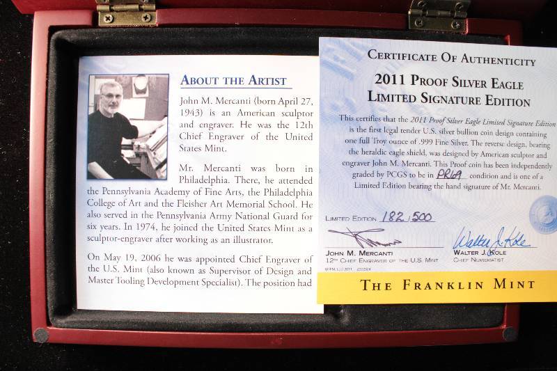 2011-W MERCANTI SIGNED US PROOF SILVER EAGLE MS69 PCGS IN BOX