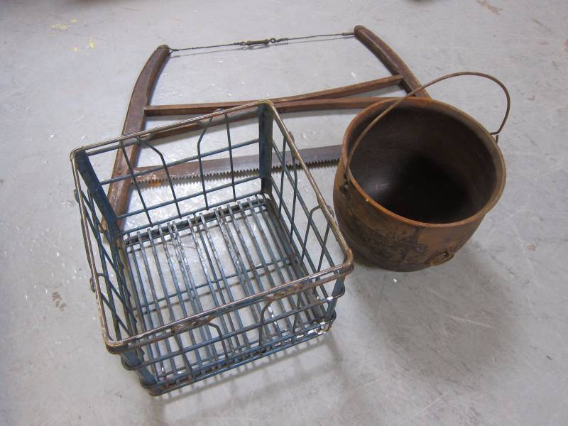 lot 38 image: Vintage Buck Saw Milk Crate and Kettle