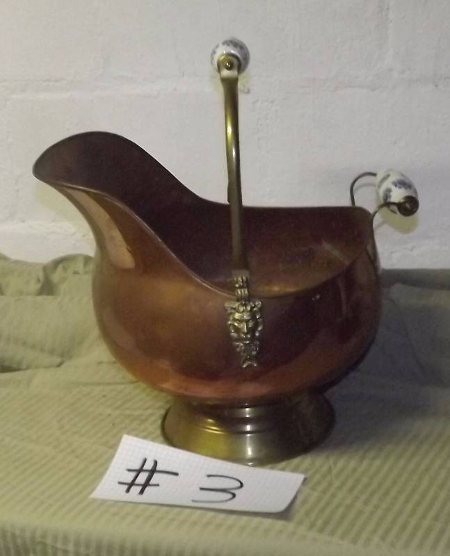 Large Copper Metal Pot  Bucket With Porcelain Handles