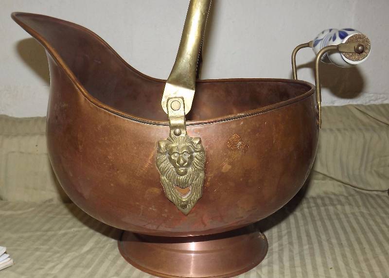 Copper Metal Pot  Pail with Porcelain Handles & Lions