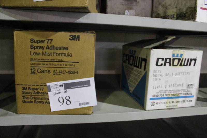 Shelf Lot Including Box of Super 77 Spray Adhesive Low-Mist Formula Box of Crown Drive Belt Dressing.