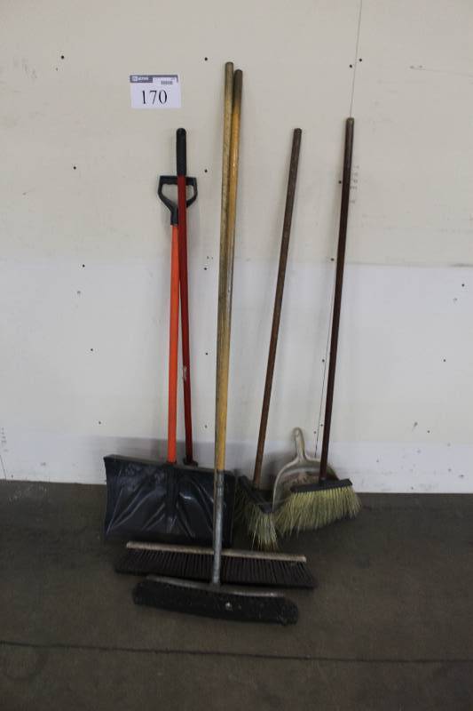 Lot Including Push Brooms (2) Shovel Brooms (2) And More.