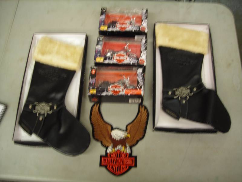 lot 64 image: 2-Harley Davidson Christmas Stockings, 3-Collector Bikes, 1-Patch