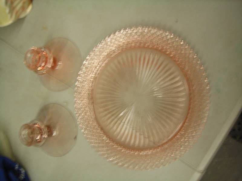 lot 79 image: Vintage Pink Glass Candle Holders & Plate