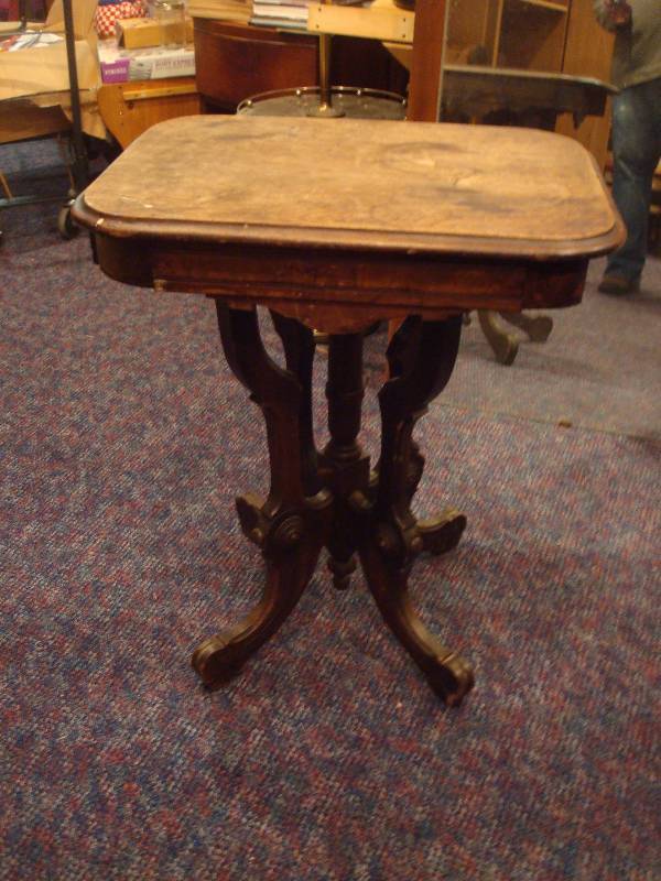 lot 12 image: Small Antique Wood Table. Has Wear, Loose Sid...