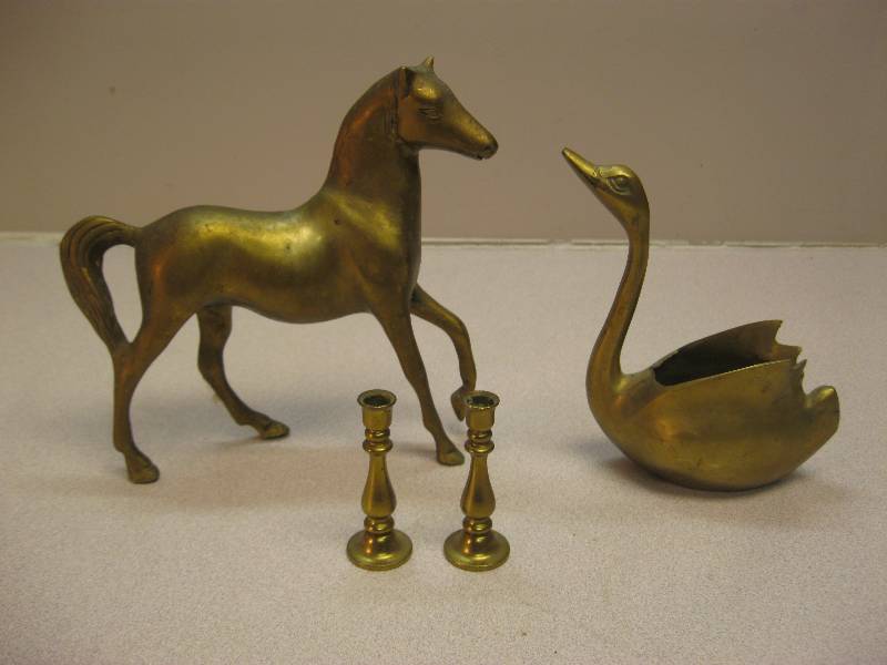 lot 115 image: Lot Of Brass Items.Horse Swan Mini Candle Sti...