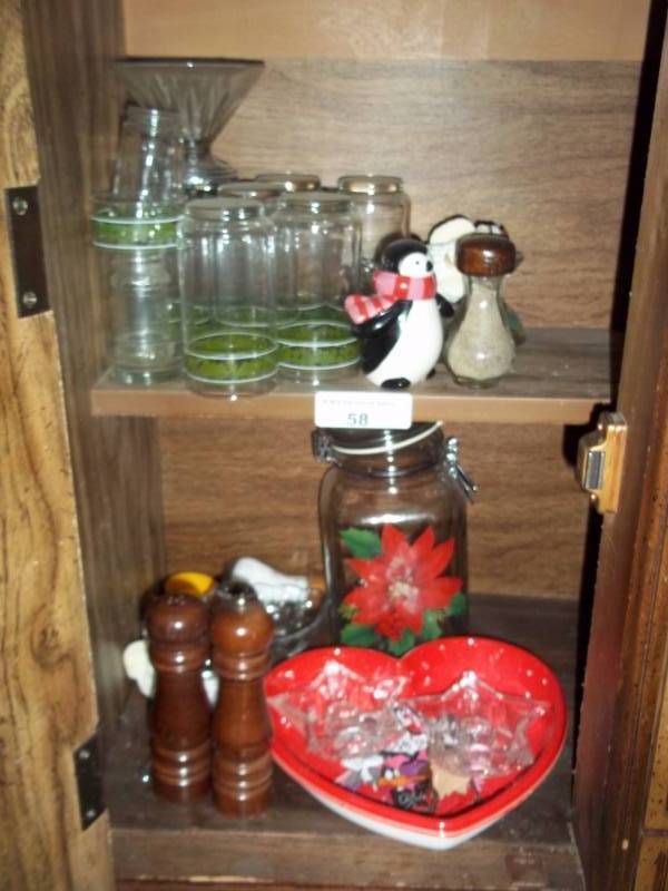 lot 58 image: Shelves with glassware and salt and pepper shakers