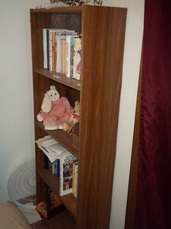lot 124 image: Book shelf with books and dcor frames and hanging bird dcor