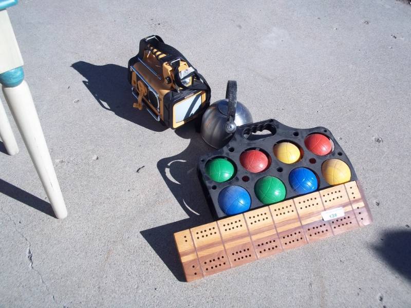 lot 128 image: Cribbage board with portable TV, teapot and kids games
