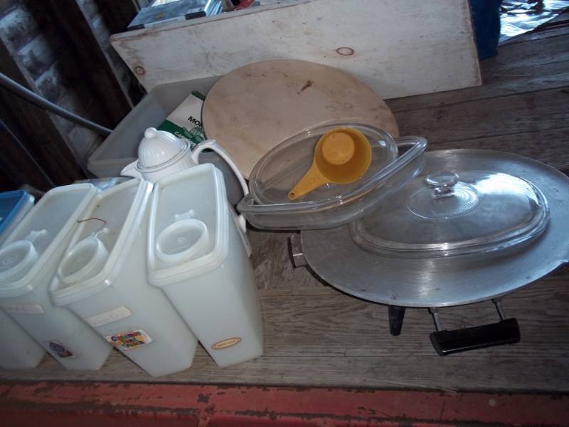 lot 284 image: Lot containing Lefsa Iron, storage Containers, etc
